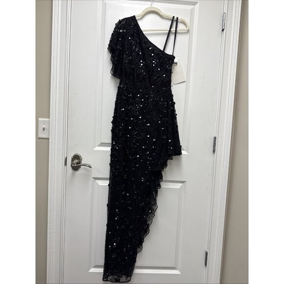 Mac Duggal Size 4 Black 93687 One Shoulder Beaded Asymmetrical Hem Gown Dress - Picture 4 of 12